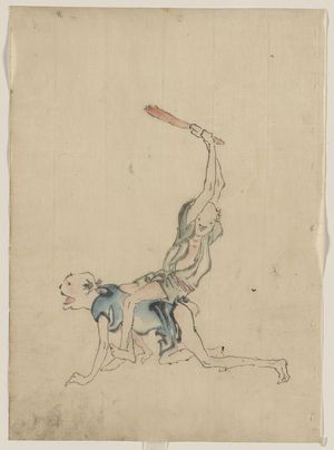 Katsushika Hokusai: [Two men, one on his hands and knees crawling, the other is sitting on the first man's back, facing forward, holding a paddle over his head, about to strike the man on his exposed buttocks] - Library of Congress