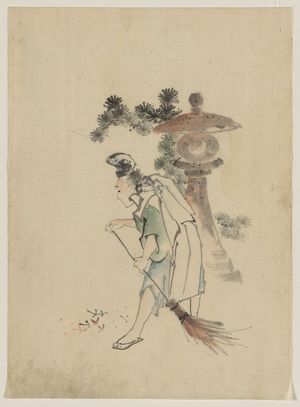 Katsushika Hokusai: [A man sweeping pine needles that have fallen from a tree near a stone shrine] - Library of Congress