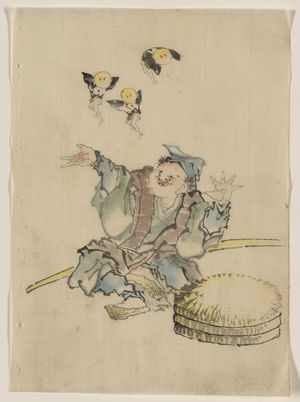 Katsushika Hokusai: [A man, sitting on the ground, is wearing several layers of clothing, a peaked cap, and sandals; three large disks topped with straw are on the ground in front, a long staff behind, and three fairies dance in the air overhead] - Library of Congress