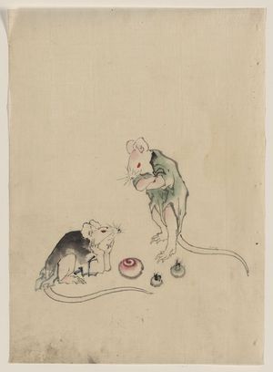 Katsushika Hokusai: [Two mice, one lying on the ground with head resting on forepaws, the other is standing on hind legs with forepaws crossed, they are looking at each other, with three round objects on the ground between, possibly rice cakes] - Library of Congress