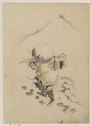 Katsushika Hokusai: [A man, wearing a conical hat, a straw or feather outer garment, and boots, is carrying a long-handled tool, possibly a dipper or mallet, from which fish are hanging] - Library of Congress