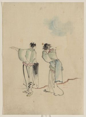 Katsushika Hokusai: [A man and a woman, seen from behind, are looking to where the man is pointing with his left arm, he holds a closed parasol in his right hand; the woman has her hands on her face, it is unclear whether she is peering into the distance or crying] - Library of Congress