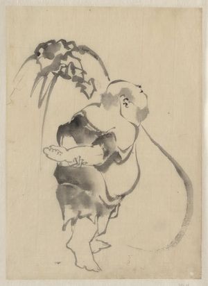 Katsushika Hokusai: [Hotei, the god of good fortune, one of the seven lucky gods, right profile, arms folded behind his back, standing in front of his large bottomless bag of goods] - Library of Congress