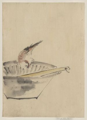 Katsushika Hokusai: [A bird perched on the edge of a bowl, with head cocked, looking at a utensil in the bowl] - Library of Congress