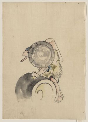 Katsushika Hokusai: [A man, wearing a large conical hat and a straw or feather garment, leaning on or rolling a large barrel-like object, possibly a mochi tub; he is carrying a long-handled tool, possibly a mallet, over his right shoulder] - Library of Congress