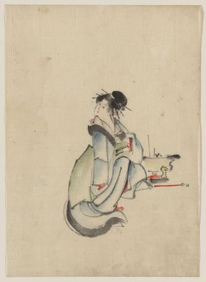 Katsushika Hokusai: [A woman, possibly a courtesan, seated, facing right, with her head turned to look back over her right shoulder, wearing several hairpins] - Library of Congress