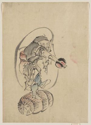 Katsushika Hokusai: [Hotei, the god of good fortune, one of the seven lucky gods, facing right, standing on a rolling barrel, holding a mallet in his right hand and carrying his large bottomless bag of goods] - Library of Congress