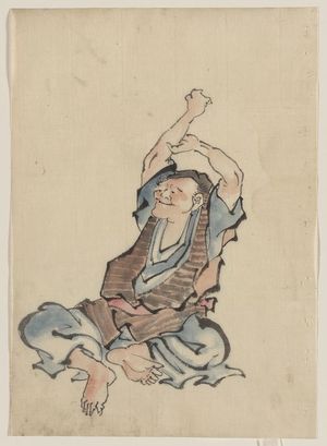 Katsushika Hokusai: [A man, facing left, wearing several layers of clothing, sitting with arms raised over his head, practicing yoga] - Library of Congress