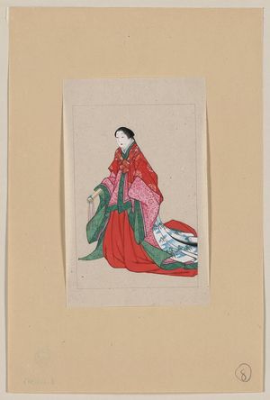 Unknown: [Japanese woman, full-length, standing, facing left, wearing robes of a noblewoman, such as empress or princess; also shows custom of artificial eyebrows] - Library of Congress