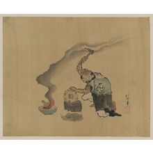 Katsushika Hokusai: [A man engaged in metalwork, appears to be melting statues to reuse the metal, with a kitten next to his left leg] - Library of Congress