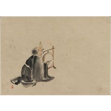 Unknown: [A monk wearing a mask(?) with a horn, sitting on the ground, beating a drum (tsuri-daiko)] - Library of Congress