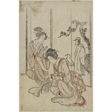 葛飾北斎: Young woman braiding a cord before a screen depicting the Chinese sage Huang Shangping. - アメリカ議会図書館