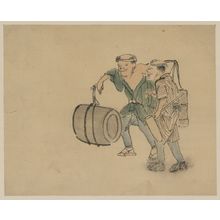 Unknown: [Two men walking, one carrying a shoulder pole with barrel-like containers, the other carries a long-handled mallet] - Library of Congress