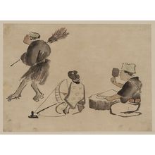 Unknown: [Man with a broom, wearing geta; woman with spinning wheel; man with a mallet] - Library of Congress
