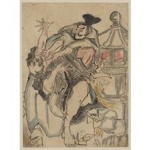 無款: [Two men struggling next to a stone lantern, upsetting a teapot] - アメリカ議会図書館