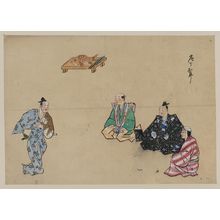 Unknown: [Kyōgen play with four characters, two wear hats, one possibly portraying a woman; there is a fish with carving knife on tray in the background] - Library of Congress