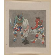 Unknown: [Two mythological Buddhist or Hindu figures, one holding a captive and showing him an image in a magic mirror of a man falling off a boat during a fight] - Library of Congress