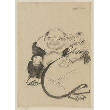 Katsushika Hokusai: [Hotei, the god of good fortune, one of the seven lucky gods, seated, facing front, next to his bottomless bag of goods on which a small child is sitting and who appears to be cleaning Hotei's left ear] - Library of Congress