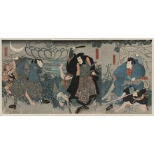 無款: Actors in the roles of the warriors Sekiguchi Yatarō, Yoshioka Kanefusa, and Miyamoto Musashi. - アメリカ議会図書館