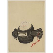 Katsushika Hokusai: [Mouse, facing front, sitting on a mallet with red ribbon through a hole in the handle] - Library of Congress