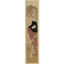 Torii Kiyonaga: Woman protecting herself against the wind beneath wisteria blooms. - Library of Congress