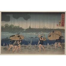 Utagawa Kuniyoshi: [People walking beneath umbrellas along the seashore during a rainstorm] - Library of Congress