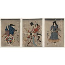 Utagawa Kuniyoshi: An actor in the role of Kurando Yukinaga : Two actors in the roles of Saitogo Kunitake and a female Buddhist devotee : An actor in the role of Osadanotaro Nagamune. - Library of Congress