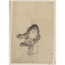 Katsushika Hokusai: [Rear view of a traveler or monk wearing cape and with large conical hat on his back, carrying a short staff in right hand] - Library of Congress