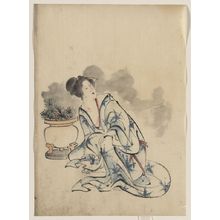 Katsushika Hokusai: [Woman, possibly a courtesan, sitting next to a flowerpot, facing left with head turned to the right, wearing kimono with starburst design that mimics the plants in the pot] - Library of Congress