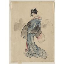 Katsushika Hokusai: [Woman, full-length portrait, standing, facing left, holding fan in right hand, wearing kimono with check design] - Library of Congress