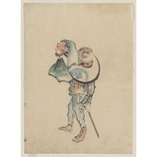 Katsushika Hokusai: [A man walking to the left, with a large hat resting on his back and wearing sandals, holding a short staff possibly used to propell a boat] - Library of Congress