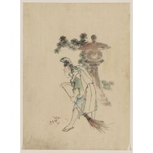 Katsushika Hokusai: [A man sweeping pine needles that have fallen from a tree near a stone shrine] - Library of Congress