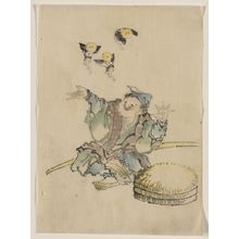 Katsushika Hokusai: [A man, sitting on the ground, is wearing several layers of clothing, a peaked cap, and sandals; three large disks topped with straw are on the ground in front, a long staff behind, and three fairies dance in the air overhead] - Library of Congress