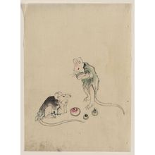 Katsushika Hokusai: [Two mice, one lying on the ground with head resting on forepaws, the other is standing on hind legs with forepaws crossed, they are looking at each other, with three round objects on the ground between, possibly rice cakes] - Library of Congress