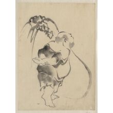 Katsushika Hokusai: [Hotei, the god of good fortune, one of the seven lucky gods, right profile, arms folded behind his back, standing in front of his large bottomless bag of goods] - Library of Congress