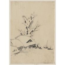 Katsushika Hokusai: [Buildings and large tree on the waterfront, with two boats anchored offshore] - Library of Congress