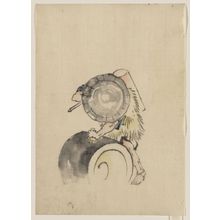 Katsushika Hokusai: [A man, wearing a large conical hat and a straw or feather garment, leaning on or rolling a large barrel-like object, possibly a mochi tub; he is carrying a long-handled tool, possibly a mallet, over his right shoulder] - Library of Congress