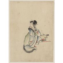 葛飾北斎: [A woman, possibly a courtesan, seated, facing right, with her head turned to look back over her right shoulder, wearing several hairpins] - アメリカ議会図書館