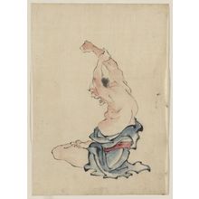 Katsushika Hokusai: [A man, bare-chested, sitting cross-legged with arms raised over his head, stretching or practicing yoga(?)] - Library of Congress