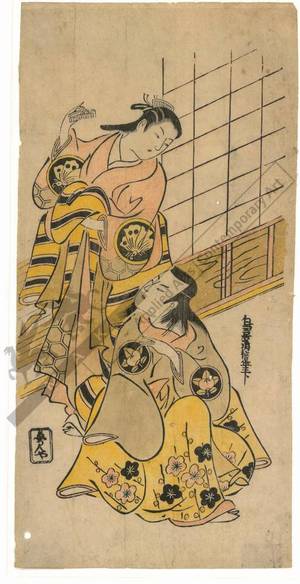 鳥居清信: A “hair combing” scene between Ichimura Takenojo and Sanjo Kantaro (title not original) - Austrian Museum of Applied Arts