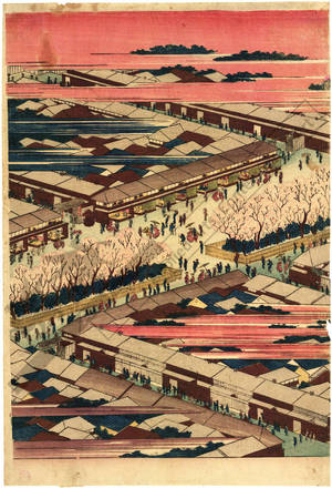 歌川広重: General view of the five streets of New Yoshiwara in March with cherrytrees in full bloom - Austrian Museum of Applied Arts