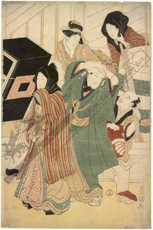 Utagawa Toyokuni I: Eleventh month: The New street in front of the dressing rooms at the beginning of the theatre season - Austrian Museum of Applied Arts