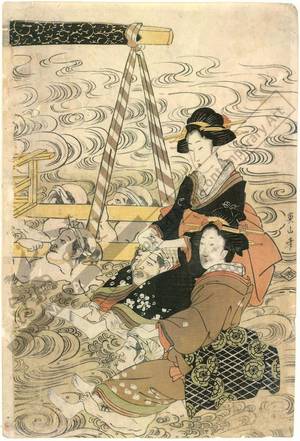 Kikugawa Eizan: Crossing the river in a sedan-chair (title not original) - Austrian Museum of Applied Arts