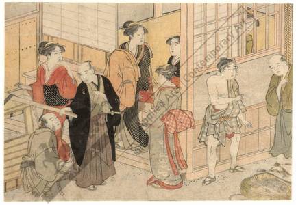 Japanischer Druck "Wedding presents are brought to the house of the bride (title not original)" von Katsukawa Shuncho, 勝川春潮 (Katsukawa Shuncho)