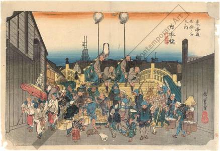 Utagawa Hiroshige: Nihonbashi: Processional standard-bearers (start, print 1) - Austrian Museum of Applied Arts