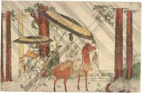 葛飾北斎: The poet Ki no Tsurayuki passes by the Aridoshi jinja (title not original) - Austrian Museum of Applied Arts