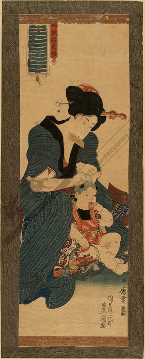Utagawa Kunisada: Woman making the hair of her child (title not original) - Austrian Museum of Applied Arts