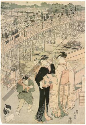 Utagawa Toyokuni I: Bustling crowds at the Ryogoku bridge (title not original) - Austrian Museum of Applied Arts