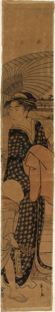 細田栄之: Woman with umbrella and shopboy (title not original) - Austrian Museum of Applied Arts