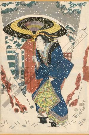 Utagawa Kunisada: View of the Sangen teahouse in the snow near Fukagawa Hachiman shrine in Edo - Austrian Museum of Applied Arts